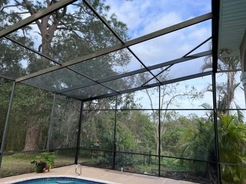 The same pool enclosure after repair and rescreening.
